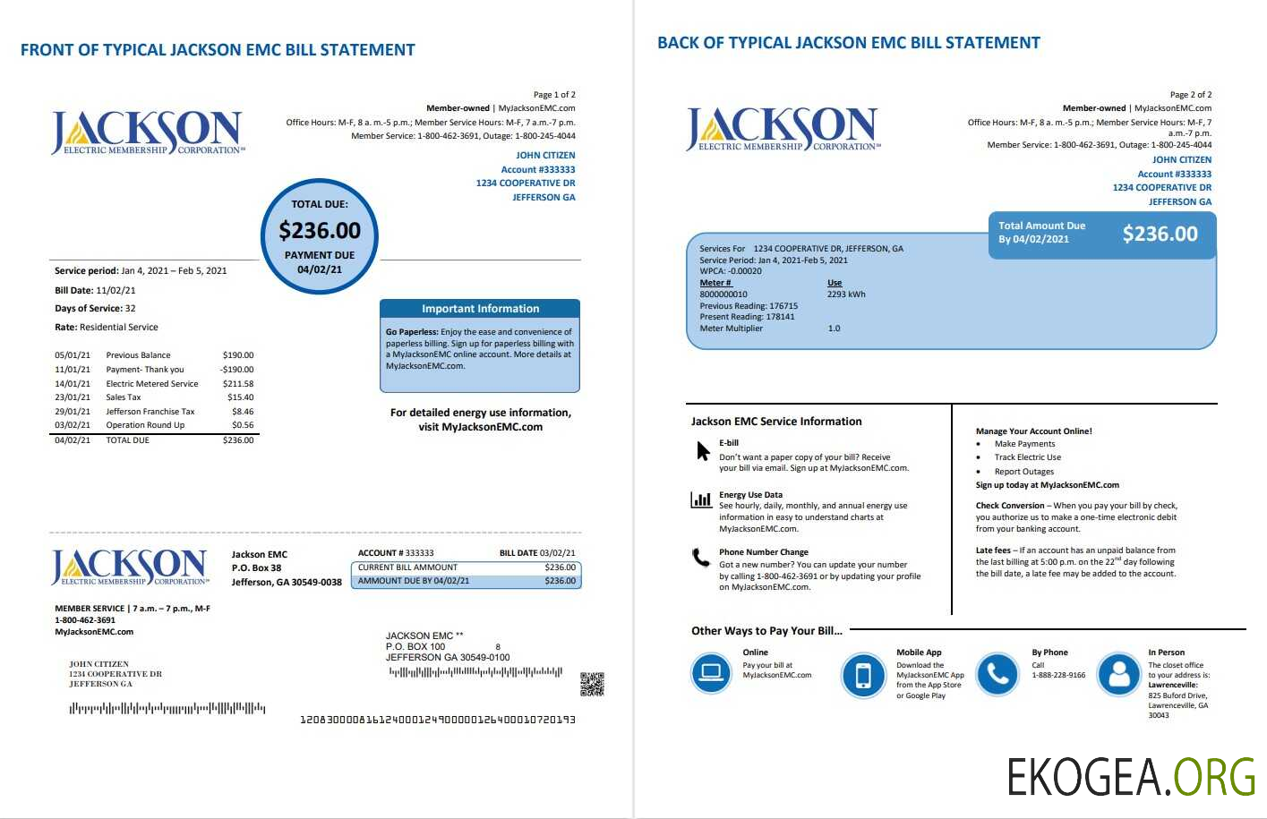 USA Georgia JACKSON EMC utility bill template in Word and PDF format (2 pages)